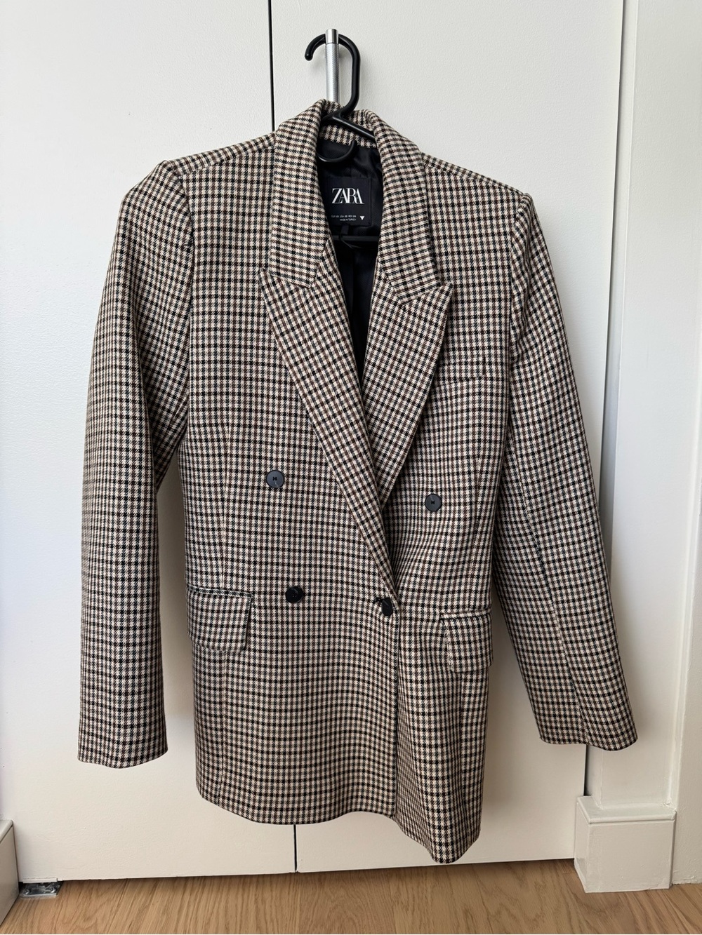Zara Double-Breasted Houndstooth Blazer - Black & Beige